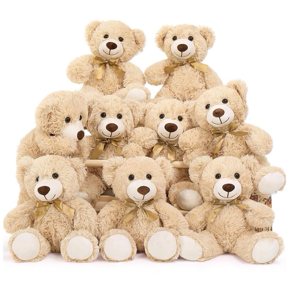 9 Pack Teddy Bears 14 Inch Plush Stuffed Animals Tan Bow Bulk